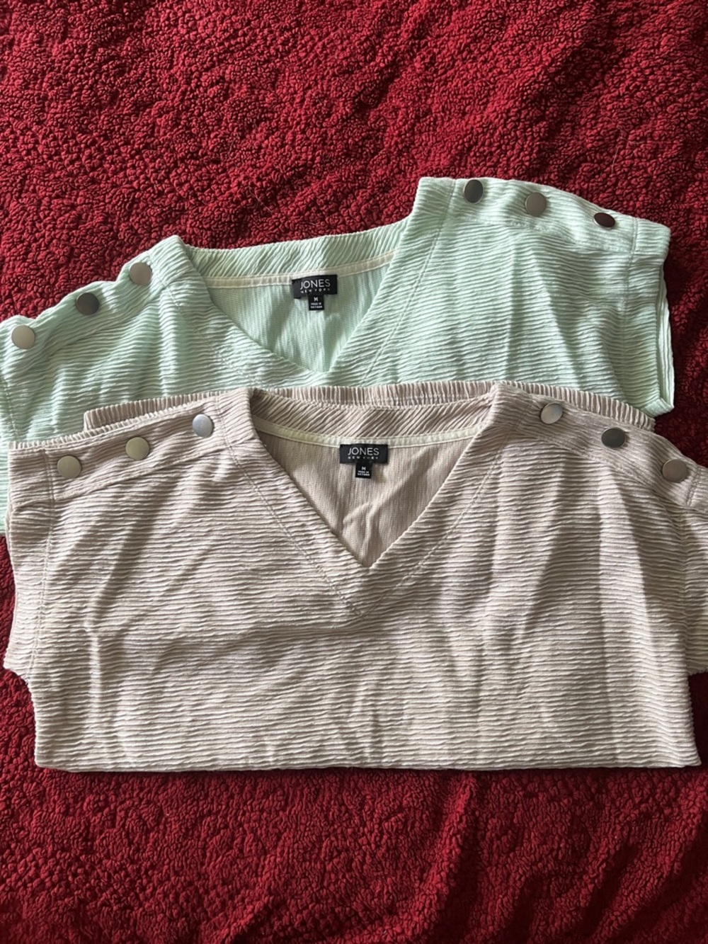 Jones New York V-Neck Snap-Shoulder Tees in Mint and Light Beige